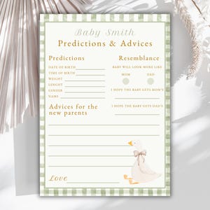 Modèle de carte prédictions et conseils pour baby shower Silly Goose, voeux de bébé, Silly Goose Vichy vert imprimable, activités de baby shower