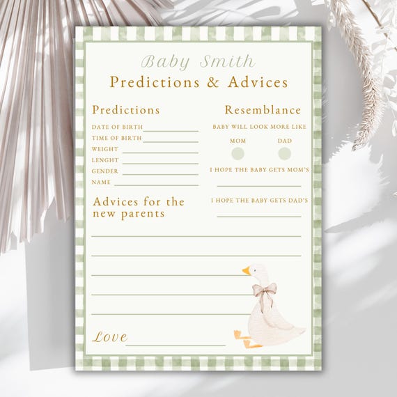 Silly Goose Baby Shower Predictions and Advices Card Template, Wishes for Baby, Green Gingham Silly Goose Printable, Baby Shower Activities