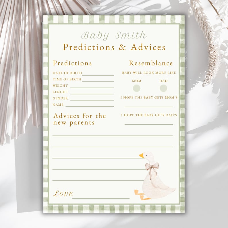 May include: Baby shower prediction and advice card with a green gingham border. The card includes sections for predictions, resemblance, and advice for new parents. A watercolor illustration of a goose with a bow is at the bottom.