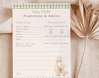 Editable Silly Goose Predictions Cards, Green Gingham Baby Shower, Game Cards, DIGITAL DOWNLOAD