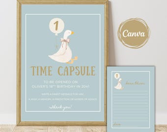 One Silly Goose Time Capsule Sign and Card Template, Editable Blue Silly Goose Birthday Party Sign, Boy 1st Birthday, Goose Theme