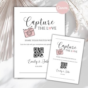 Plantilla de letrero de boda con código QR Capture the Love, tarjeta fotográfica de boda minimalista moderna, tarjeta imprimible para compartir el amor, personaliza en Canva