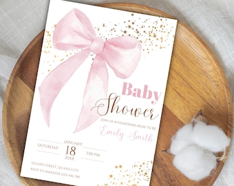 Elegant Pink Bow Baby Shower Invitation Template, Pink Coquette Baby Shower Invite, Girl Baby Shower, Modern Dusty Pink Bow Invitation Canva