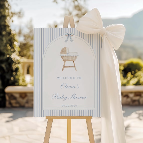 Classic Baby Shower Welcome Sign, Light Blue Stripe, Baby Crib Sign, DIGITAL DOWNLOAD