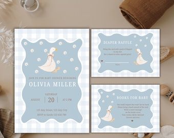 Modèle de jeu d'Invitation pour baby shower avec oie bleu vichy, invitation de saupoudrer de bébé sur le thème de l'oie, baby shower garçon, invitation vichy, bordure ondulée