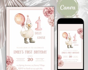 One Silly Goose Birthday invitation, Girl 1st Birthday Invite, Pink Goose Theme Party