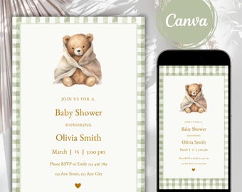 Green Gingham Baby Shower Invite, Cute Bear Theme Baby Shower Invitation, Sage Green Gingham Invitation