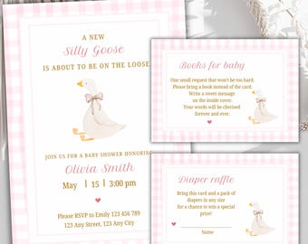 May include: Baby shower invitation set with a pink gingham pattern. The invitation features the text "A New Silly Goose is About to be on the Loose" and details for Olivia Smith's baby shower. Includes cards for books and a diaper raffle.