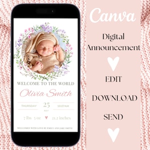 Modèle de faire-part de naissance, faire-part de naissance numérique, carte virtuelle mobile pour faire-part de bébé, faire-part de bébé modifiable Whatsapp