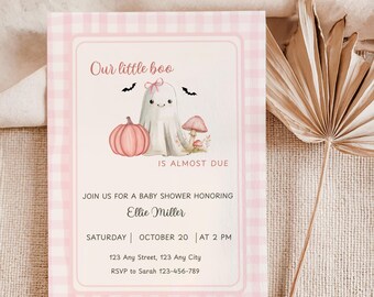 Inbjudan till babyshowern "A Little Boo", söt Halloween-inbjudan till babyströssel, rosa spöke-babyshower, höstflickans babyshower, kokett spöke