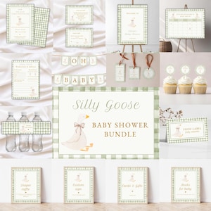 Editable Silly Goose Baby Shower Bundle, Green Gingham, Gender Neutral Baby Sprinkle Party Pack, Green Silly Goose Ivitation Set