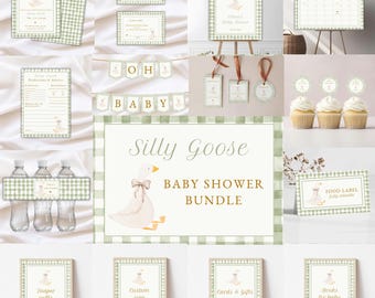 Editable Silly Goose Baby Shower Bundle, Green Gingham, Gender Neutral Baby Sprinkle Party Pack, Green Silly Goose Ivitation Set