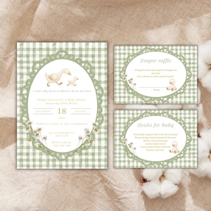 Green Gingham Silly Goose Baby Shower Invitation Bundle, Diaper Raffle Cards, Book Request Cards, Goose Theme Party Invite, Sage Green Goose