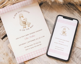 A New Silly Goose Baby Shower Invitation Template, Pink Gingham Goose Baby Sprinkle Evite, Instant Download