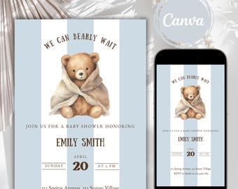 Editable Classic Baby Shower Invitation, Bear Theme, Blue Stripe Invitation Template, We Can Bearly Wait Boy Baby Shower Invite Template