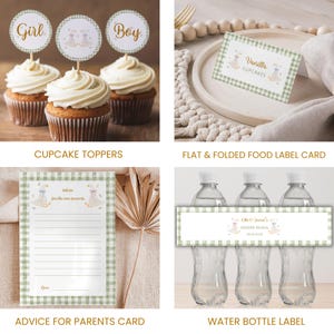 May include: A collection of baby shower party supplies with a gingham pattern. Includes cupcake toppers with "Girl" and "Boy" text, a food label card, an advice card, and water bottle labels. The theme is a gender reveal.