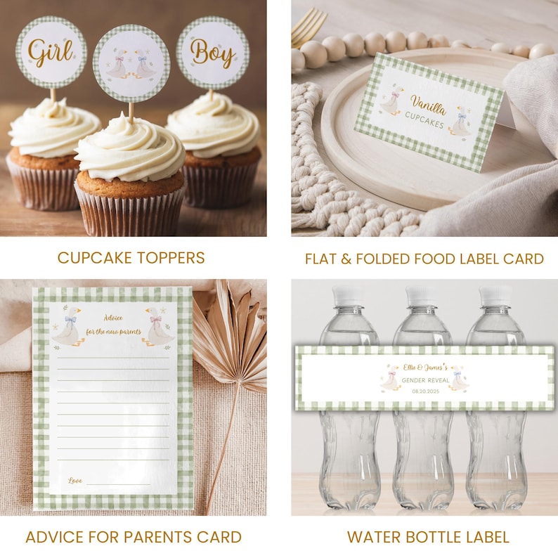 May include: A collection of baby shower party supplies with a gingham pattern. Includes cupcake toppers with "Girl" and "Boy" text, a food label card, an advice card, and water bottle labels. The theme is a gender reveal.