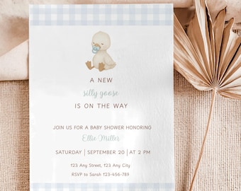 Modèle modifiable d'invitation de baby shower bleu silly goose, invitation baby oie, invitation baby shower vichy bleu, téléchargement immédiat