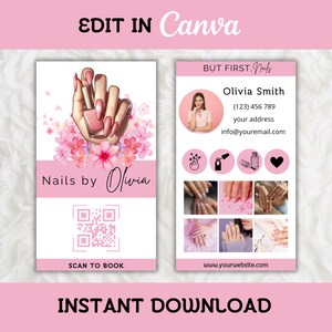 Bearbeitbare Nail Artist Visitenkarte Vorlage, druckbare Nail Studio IG Visitenkarte, Pink Nail Tech Loyalitätskarte, DIY Visitenkarte Design