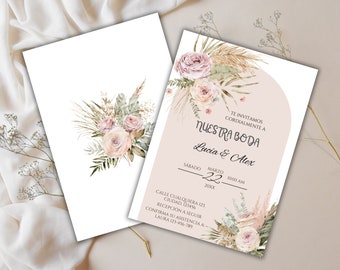 Invitación de boda bohemia imprimible con flores y pampas en español, Invitación de boda en español con flores, Nuestra Boda, LUCIA