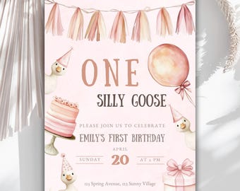 Verspielt Eine Dumme Gans Geburtstagseinladung, Rosa Dumme Gans Party Einladen, Mädchen zum 1. Geburtstag Einladungsvorlage, Gans Erster Geburtstag