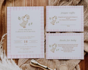 Pink Gingham Silly Goose Baby Shower Invitation Set, A New Silly Goose is on the way Invite, DIGITAL DOWNLOAD