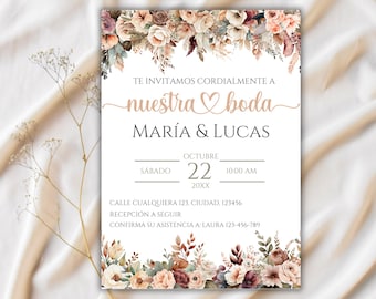 Invitaciones de Boda, bearbeitbare Boho-Hochzeitseinladung auf Spanisch, Hochzeitseinladung im Herbst, Boho-Blumeneinladung, Nuestra Boda, Digital, Canva
