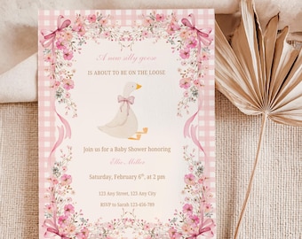 Floral Silly Goose Baby Shower Invitation, Pink Gingham Invite, DIGITAL DOWNLOAD