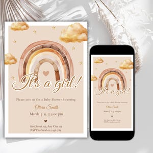Boho Rainbow Baby Shower Invitation Template, It&#39;s a Girl Digital Invite, Pastel Baby Shower Invitation, Rainbow Theme Party
