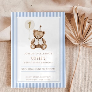 Bear 1st Birthday Invitation, Beary First Birthday Invite, Blue Teddy Bear Boy&#39;s First Birthday Invite, Blue Stripe Invitation Template