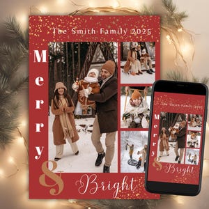 Modello di biglietto di Natale con foto, biglietto fotografico di Buon Natale modificabile, biglietto fotografico allegro e luminoso stampabile, e-card di Natale rossa con foto