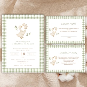 Editable Green Gingham Silly Goose Invitation Set, Goose Baby Shower Invite, Gender Neutral