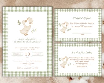 Editable Green Gingham Silly Goose Invitation Set, Goose Baby Shower Invite, Gender Neutral
