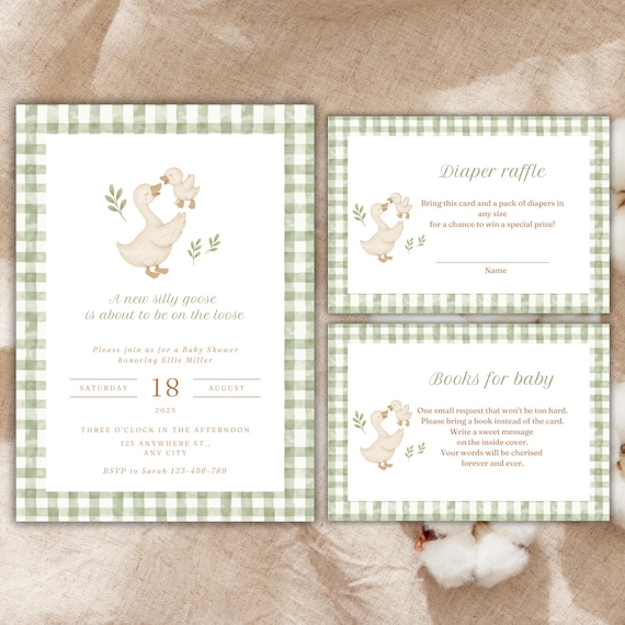 Editable Green Gingham Silly Goose Invitation Set, Goose Baby Shower Invite, Gender Neutral