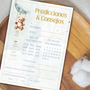 Kaarten met babyvoorspellingen en -adviezen in het Spaans, babyshowerspelletjes, blauw voorspellingssjabloon Wensen voor ouders: bewerkbaar canva downloaden