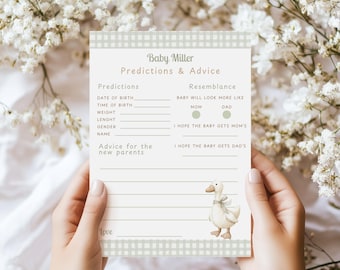 Silly Goose Baby Predictions and Advices Card, Green Gingham Baby Shower Game Cards, DIGITAL DOWNLOAD
