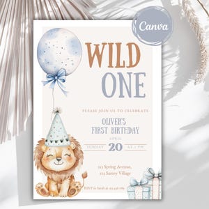 Wild One Lion Birthday Boy Invitation, First Birthday Invite, Safari Theme, Cute Lion Invite, Boho Lion Party Invite, 1st Birthday Boy