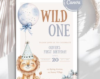 Wild One Lion Birthday Boy Invitation, First Birthday Invite, Safari Theme, Cute Lion Invite, Boho Lion Party Invite, 1st Birthday Boy