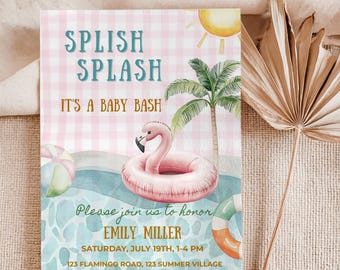 Summer Baby Shower Invitation Template, Splish Splash Baby Bash, Beach Baby Shower Invite, Pink Beach Baby Shower, Pool Party Baby Bash