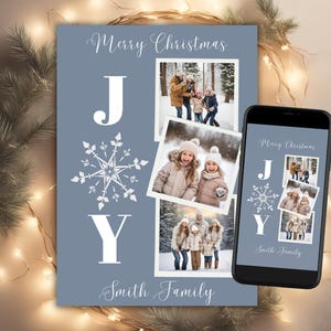 Plantilla de tarjeta fotográfica con foto de alegría navideña, tarjeta navideña azul con foto, tarjeta fotográfica de feliz Navidad, tarjeta navideña con copos de nieve, descarga instantánea