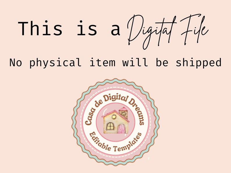 K&ouml;nnte beinhalten: Eine rosa-gr&uuml;ne Grafik f&uuml;r digitale Dateien mit einer Haus-Illustration und dem Text "Casa de Digital Dreams Editable Templates". Der Text "Dies ist eine digitale Datei. Es wird kein physischer Artikel versandt." ist ebenfalls enthalten.