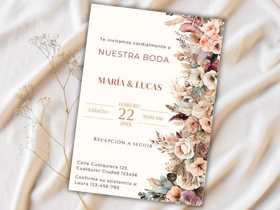 Spanish Wedding Invitation Template, Editable Floral Wedding Invite, Invitaciones de Boda, Nuestra Boda, Digital Download, Boho Flower
