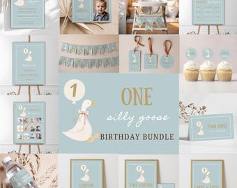 Blue One Silly Goose Birthday Bundle, Printable Goose 1st Birthday Package, Editable Goose Invitation & Decor, Boy's First Birthday Party
