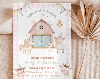 Editable Girl Pastel Farm Animal Birthday Invitation, Calling all the Party Animals, Girl Farm Barnyard First Birthday Party Invite