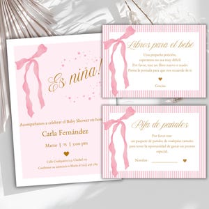 Ensemble d'invitations pour baby shower espagnole, modèle d'invitation baby shower noeud rose et rayures, Rifa de Pañales, lot d'invitations baby shower fille