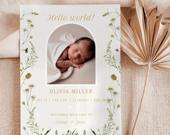 Könnte beinhalten: Eine Geburtsanzeigekarte mit dem Text "Hello world!" und einem Foto eines schlafenden Babys. Die Karte enthält den Namen des Babys, das Geburtsdatum, das Gewicht (3,3 kg), die Größe (53 cm) und die Geburtszeit. Blumenillustrationen und die Namen "Sarah & Jake" sind ebenfalls enthalten.