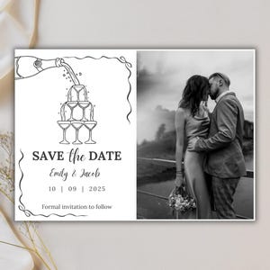 Champagne Tower Save the Date Vorlage, wunderliche Save the Date Karte mit Foto, Hochzeitsclub, französisch inspiriert, druckbar einladen, bearbeitbar