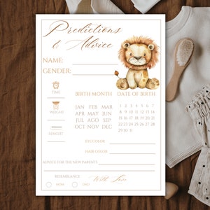 Cartes de prédiction de baby shower, baby shower Lion imprimable, cartes de jeu de prédiction de bébé et de conseils, téléchargement immédiat, prédiction de bébé modifiable