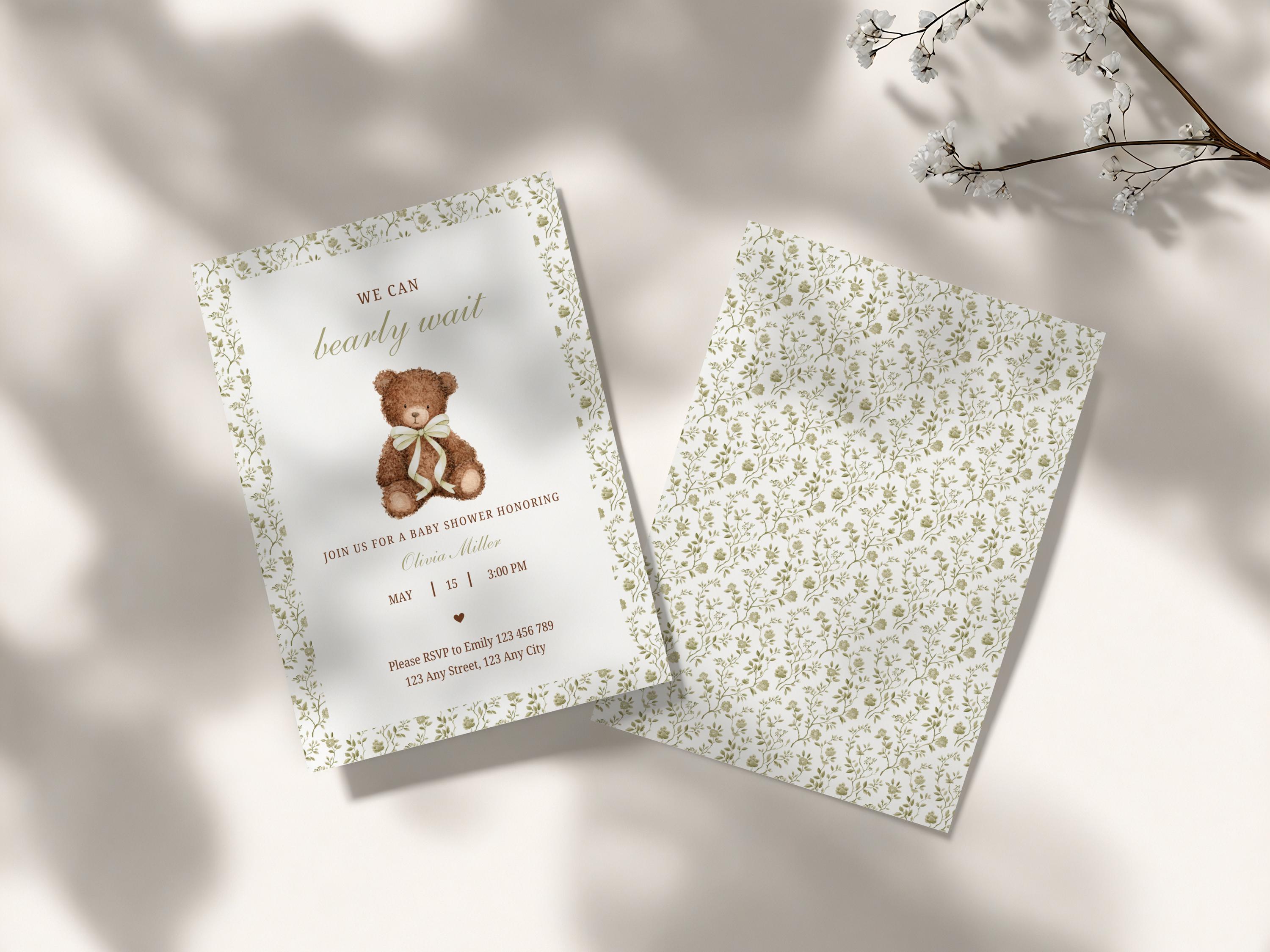 Editable Sage Green Bear Baby Shower Invitation, We Can Bearly Wait ...
