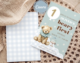Beary First Birthday Invitation Template, 1st Birthday Invite,  Boy's First Birthday, Blue Teddy Bear Birthday, Blue Gingham Invite